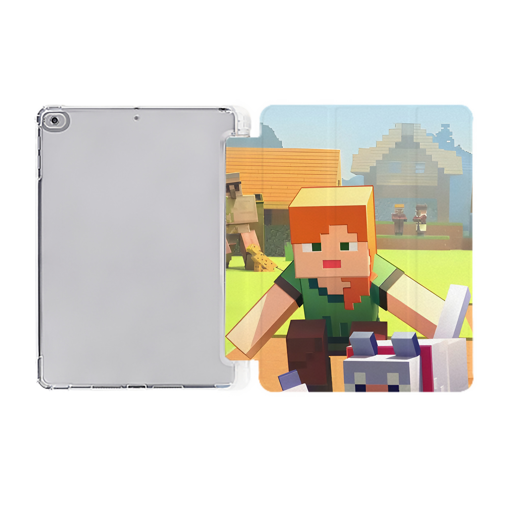 （画像用） マインクラフト ブロックの世界 Minecraft MC Block world IPad ケース ペン収納付き 三つ折りスタンド PUレザー×シリコン 対応機種9.5/10.5/10.9インチ